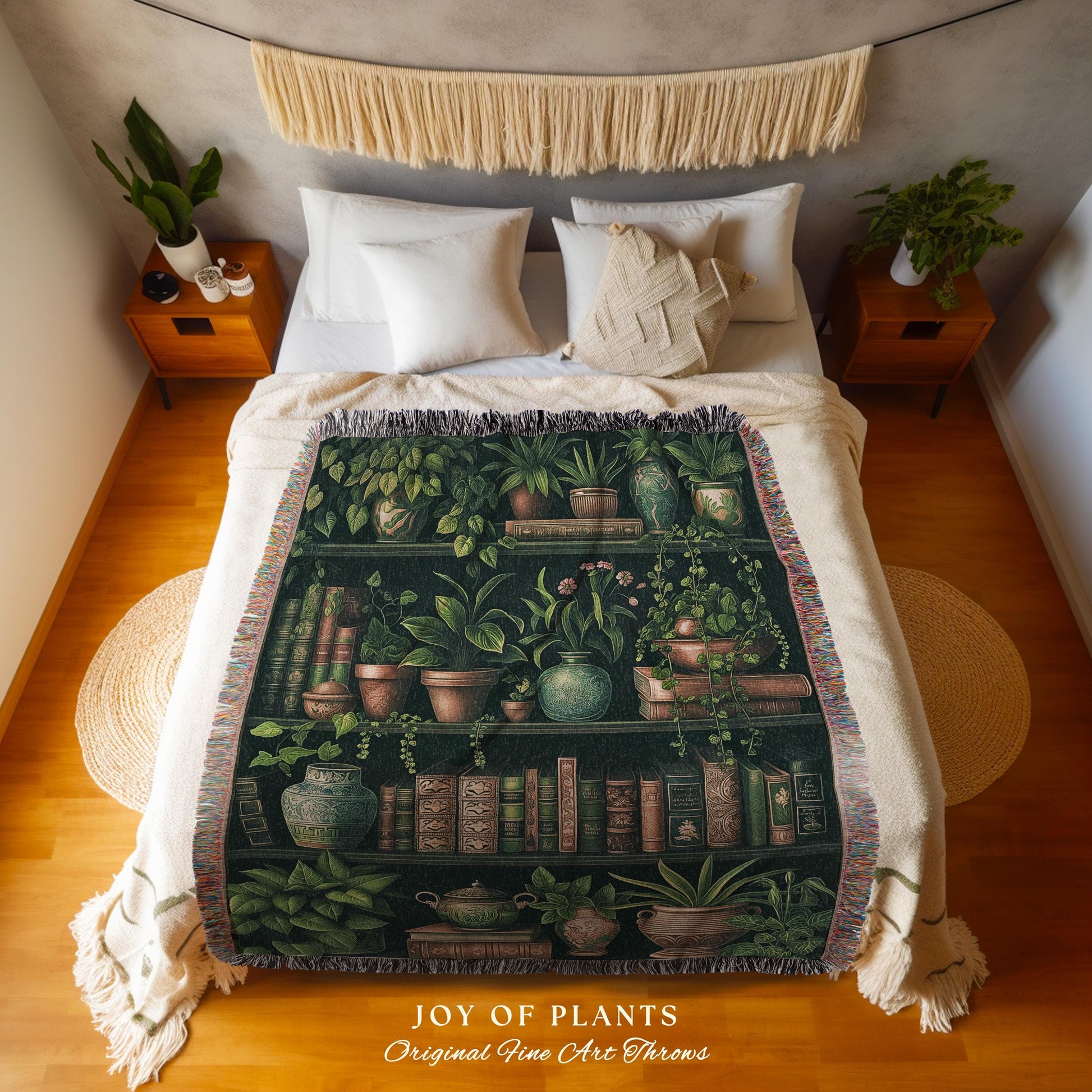 Whimsical Botanical Bookcase Blanket Bohemian Cottagecore Decor, Cozy Plant Lovers Library Themed Bookish Art Dark Academia Tapestry Throw