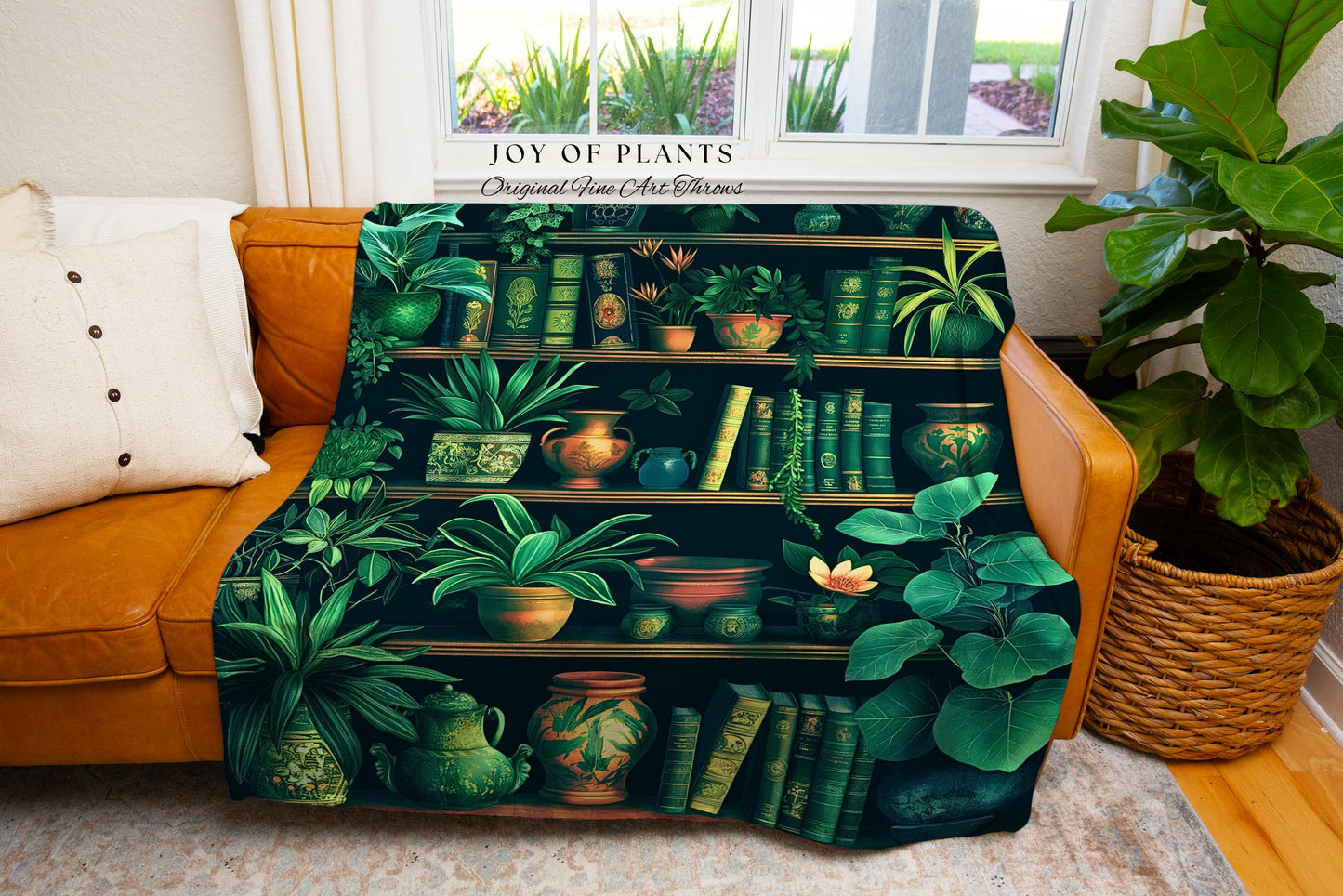 Lush Botanical Bookshelf Blanket Dark Academia Book Nook Decor, Literary Library Style Cozy Vintage Cottagecore Plant Lovers Tapestry Throw