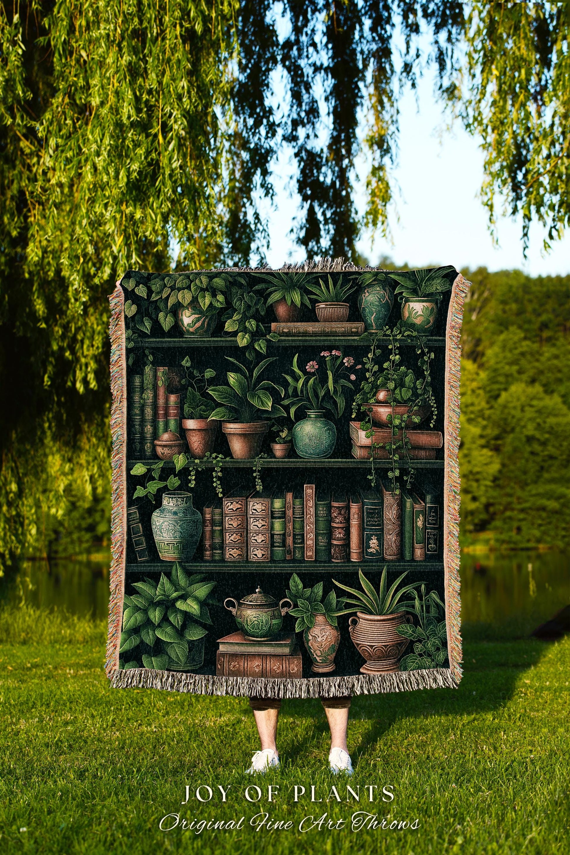 Whimsical Botanical Bookcase Blanket Bohemian Cottagecore Decor, Cozy Plant Lovers Library Themed Bookish Art Dark Academia Tapestry Throw