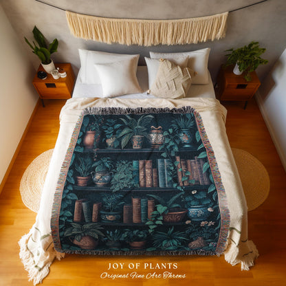 Moody Whimsigothic Bookshelf Tapestry Blanket | Rustic Medieval Woven Wall Hanging Dark Botanical Home Decor Victorian Goth Woodland Style |
