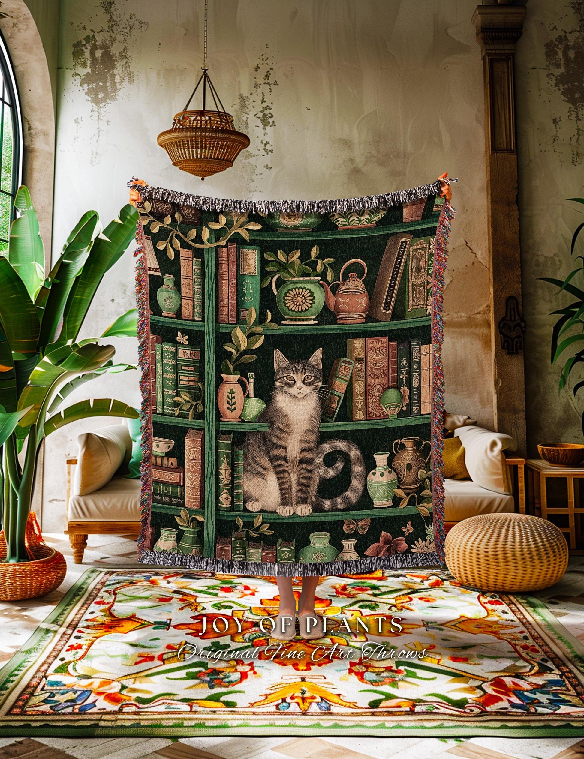 Retro Bookshelf Cat Blanket Botanical Academia Cottagecore Decor, Cozy Feline Library Theme Tapestry Throw Whimsical Literary Aesthetic Gift