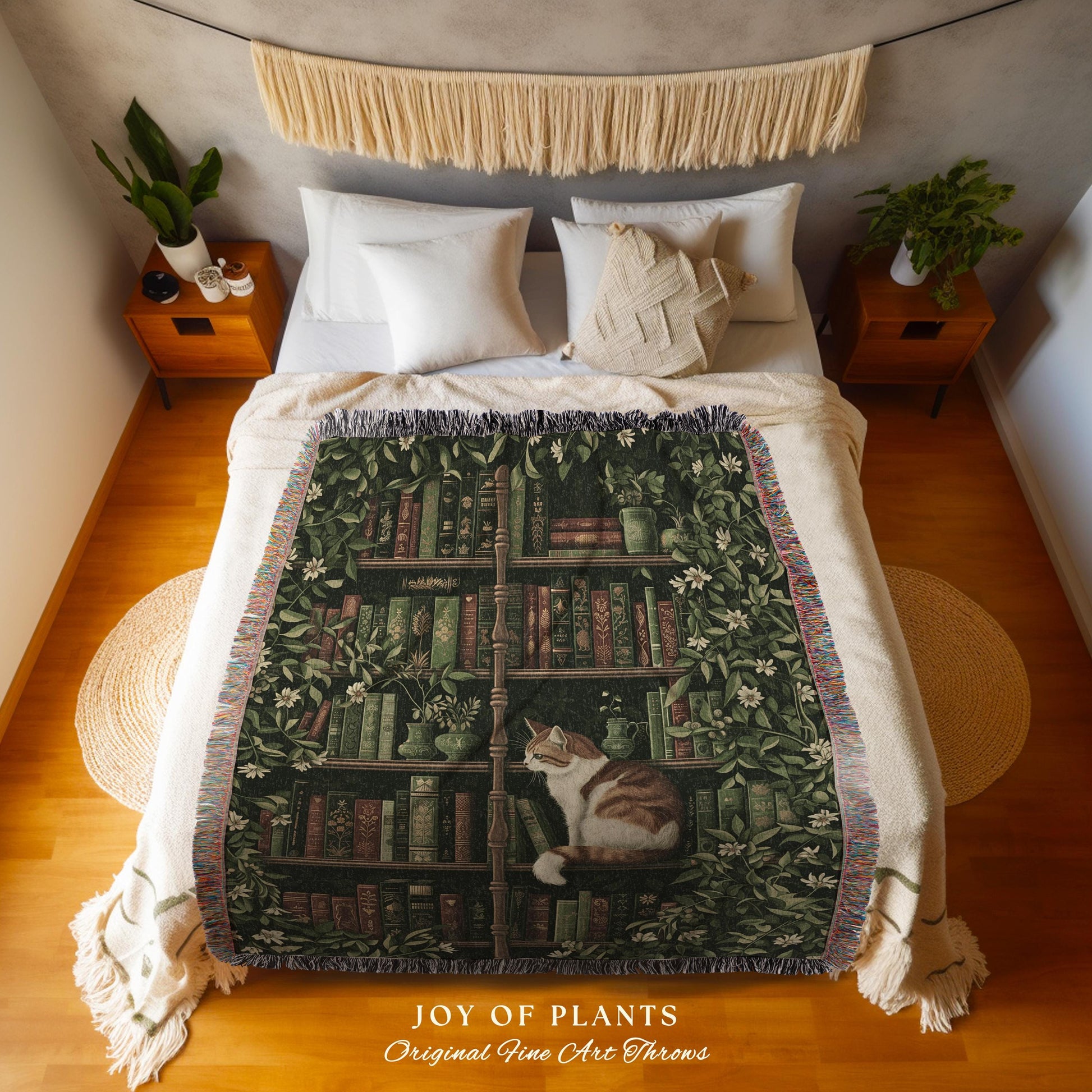 Whimsical Cat Bookshelf Blanket Dark Academia Botanical Cottagecore Style Decor, Cozy Vintage Library Aesthetic Bookish Charm Tapestry Throw