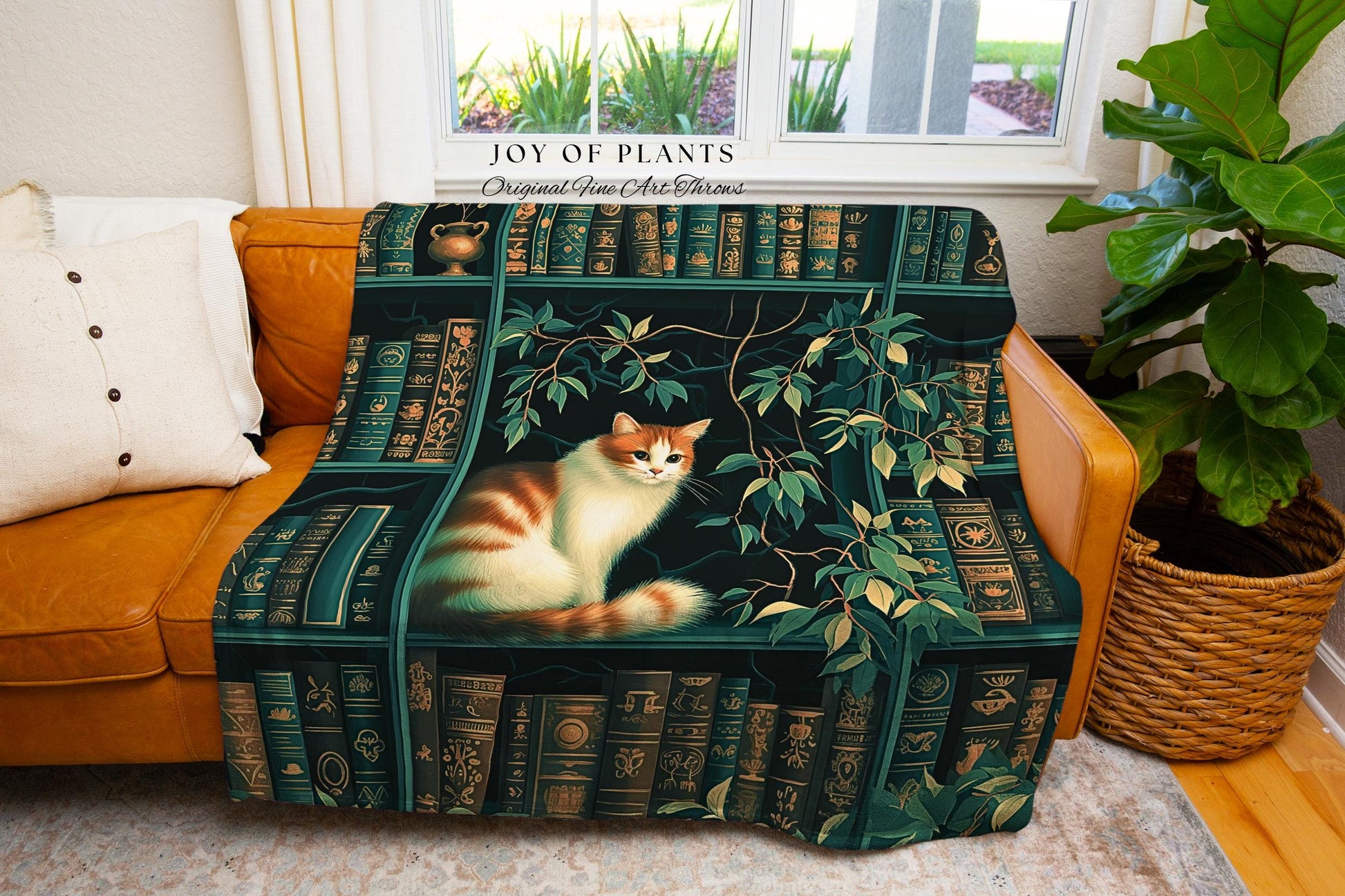 Forest Green Botanical Library Cat Lovers Blanket Cozy Cottagecore Bookshelf Tapestry Throw, Vintage Reading Nook Academia Plant Lover Decor