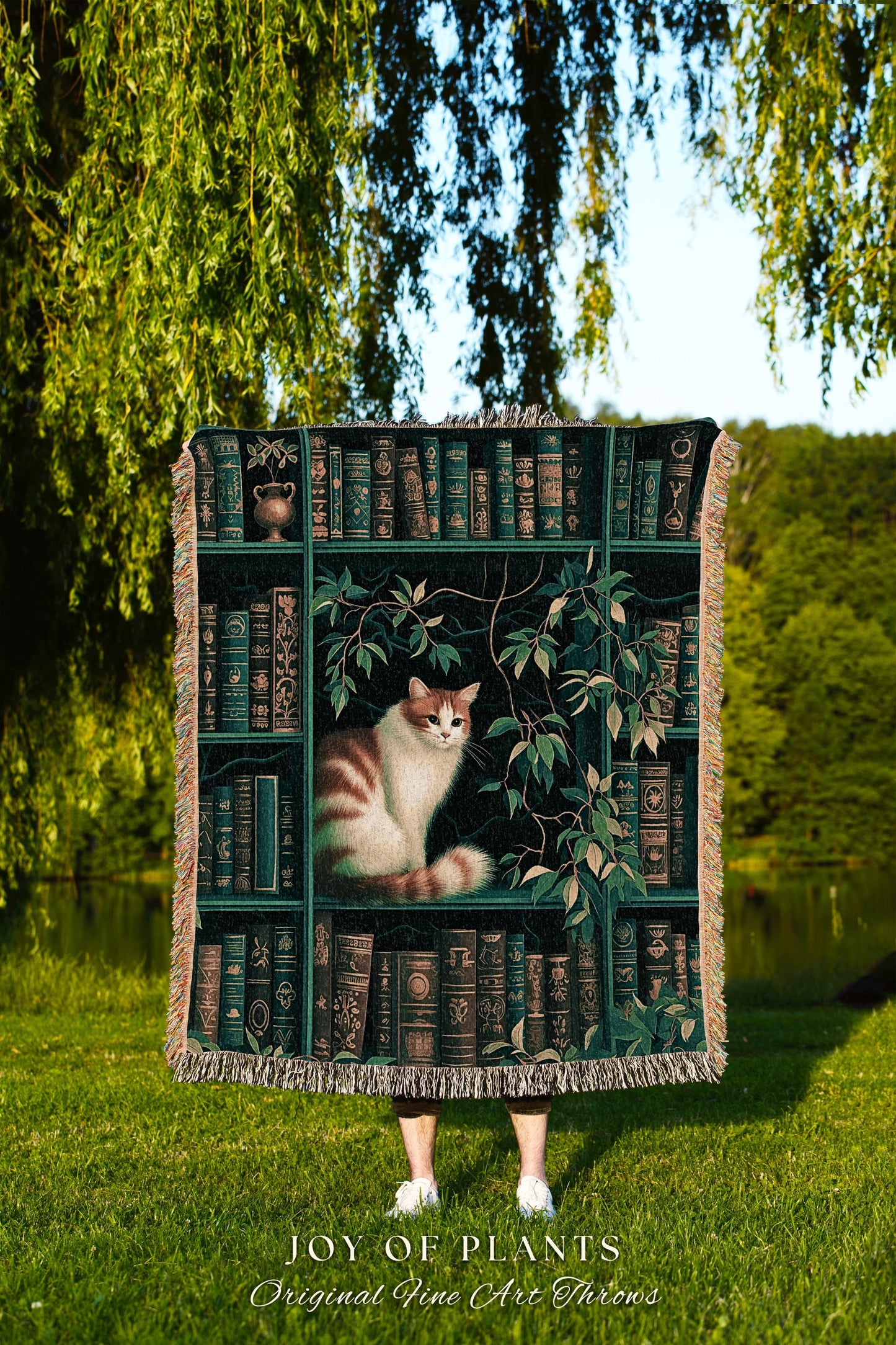 Forest Green Botanical Library Cat Lovers Blanket Cozy Cottagecore Bookshelf Tapestry Throw, Vintage Reading Nook Academia Plant Lover Decor