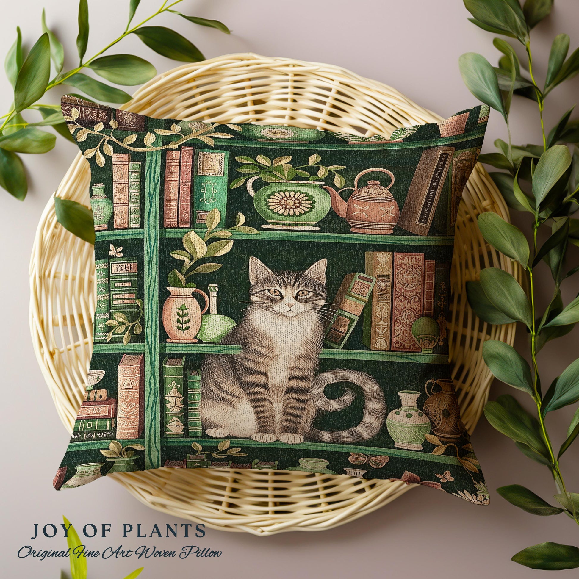 Retro Bookshelf Cat Pillow Botanical Academia Cottagecore Decor, Cozy Feline Library Theme Tapestry Pillow Whimsical Literary Aesthetic Gift
