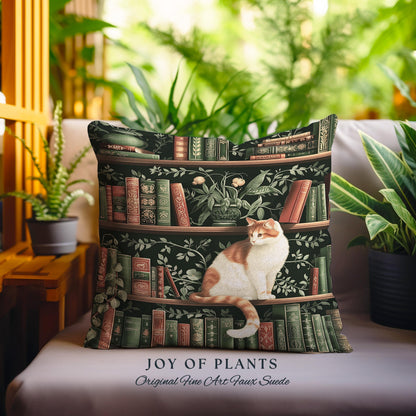 Victorian Gothic Cozy Cat Bookshelf Pillow | Fairycore Ethereal Bedroom Decor Reading Gift Dark Academia Woven Tapestry Wall Art Botanical