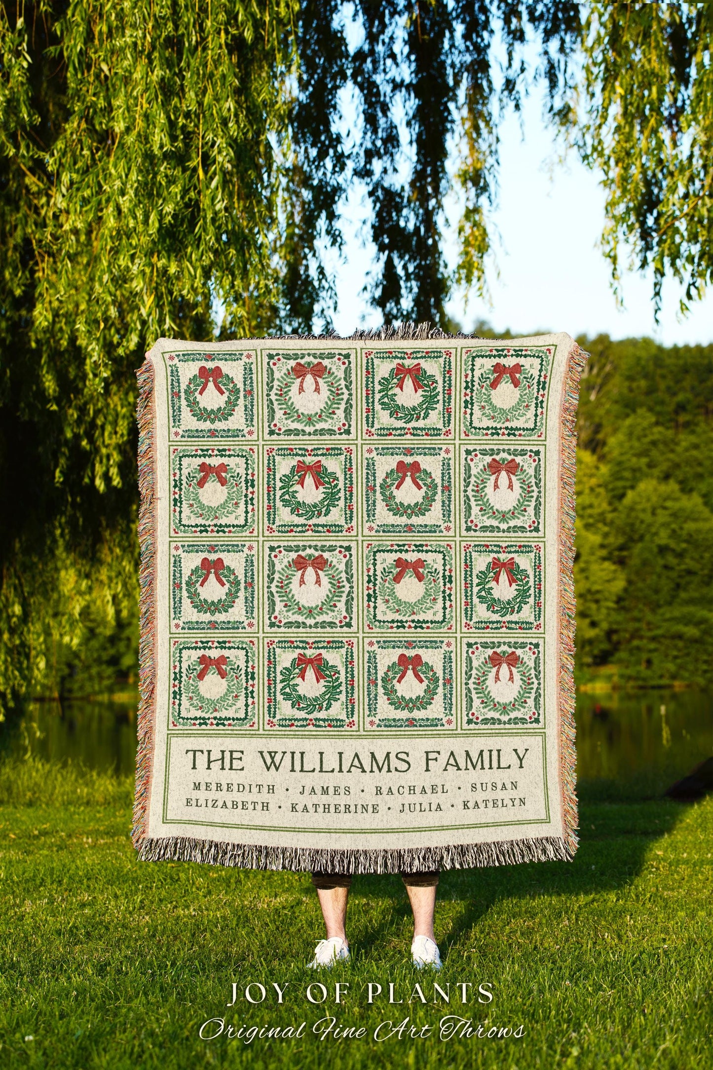 Custom Family Wreath Blanket Sentimental Holiday Patchwork Tapestry Throw, Rustic Cottagecore Meaningful Christmas Personalized Names Gift