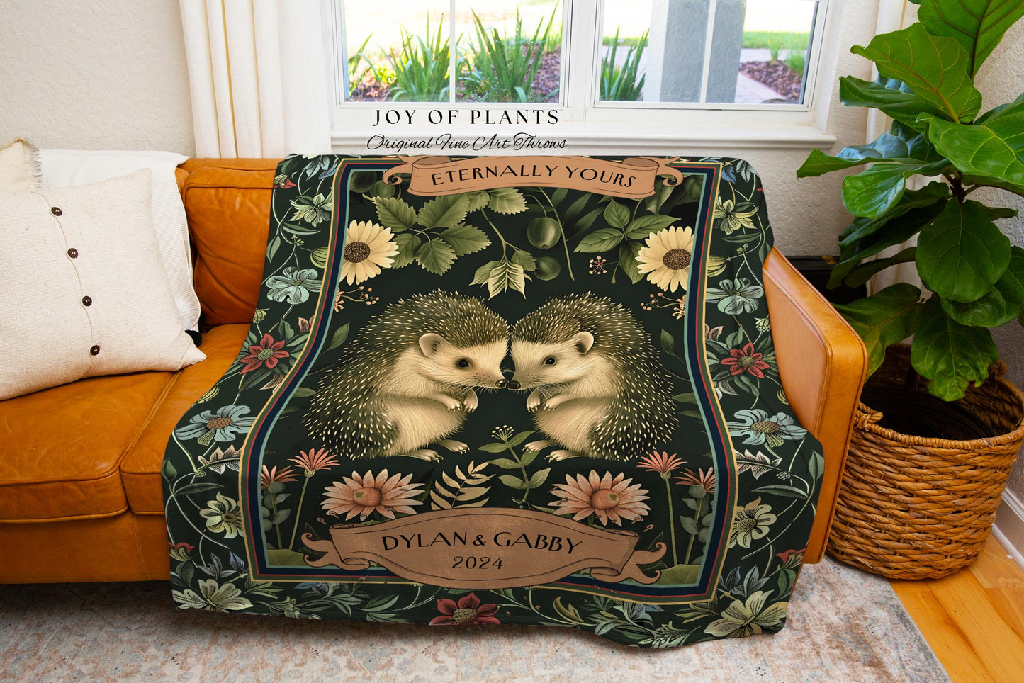 Custom Names Hedgehog Couple Blanket | Sentimental Anniversary Tapestry Woven Scandinavian Folk Wedding Custom Name Hedge Hog Gifts Floral