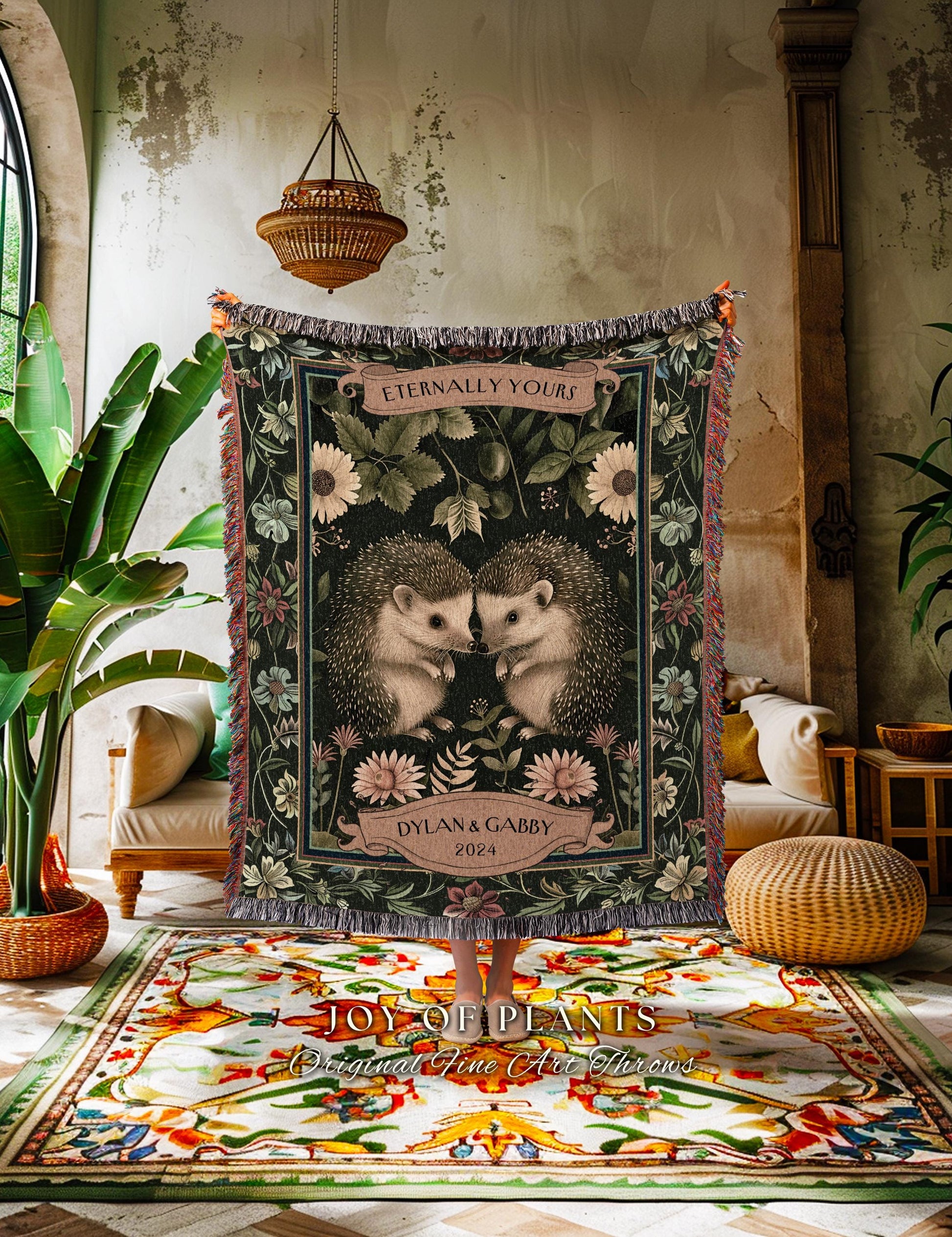 Custom Names Hedgehog Couple Blanket | Sentimental Anniversary Tapestry Woven Scandinavian Folk Wedding Custom Name Hedge Hog Gifts Floral