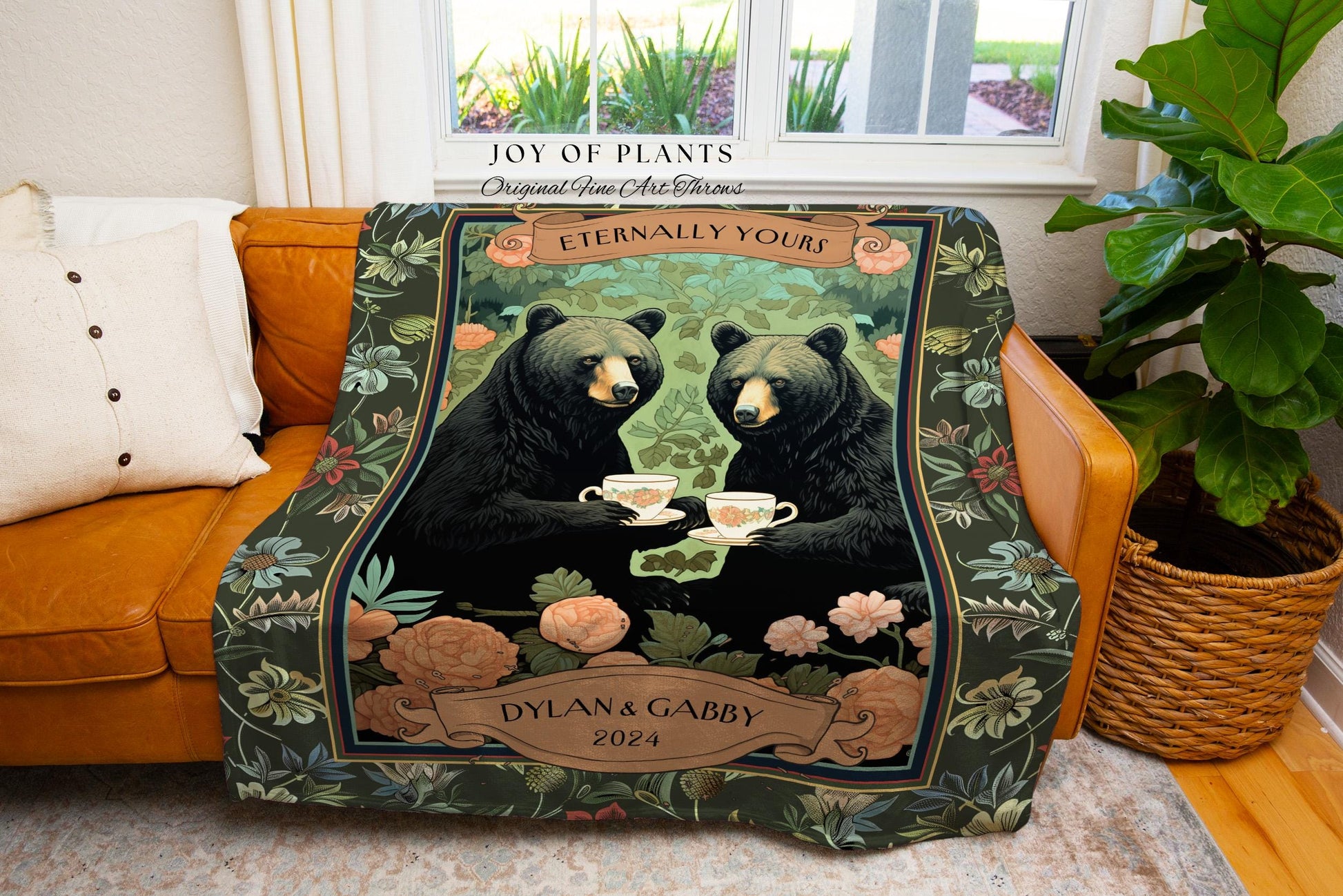 Floral Woodland Couples Custom Blanket | Cottagecore Wedding Anniversary Personalized Bear Couple Woven Throw Cute Blanket Outdoorsy Gift