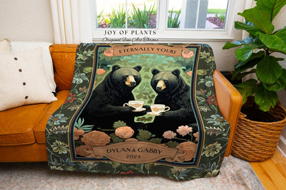 Floral Woodland Couples Custom Blanket | Cottagecore Wedding Anniversary Personalized Bear Couple Woven Throw Cute Blanket Outdoorsy Gift