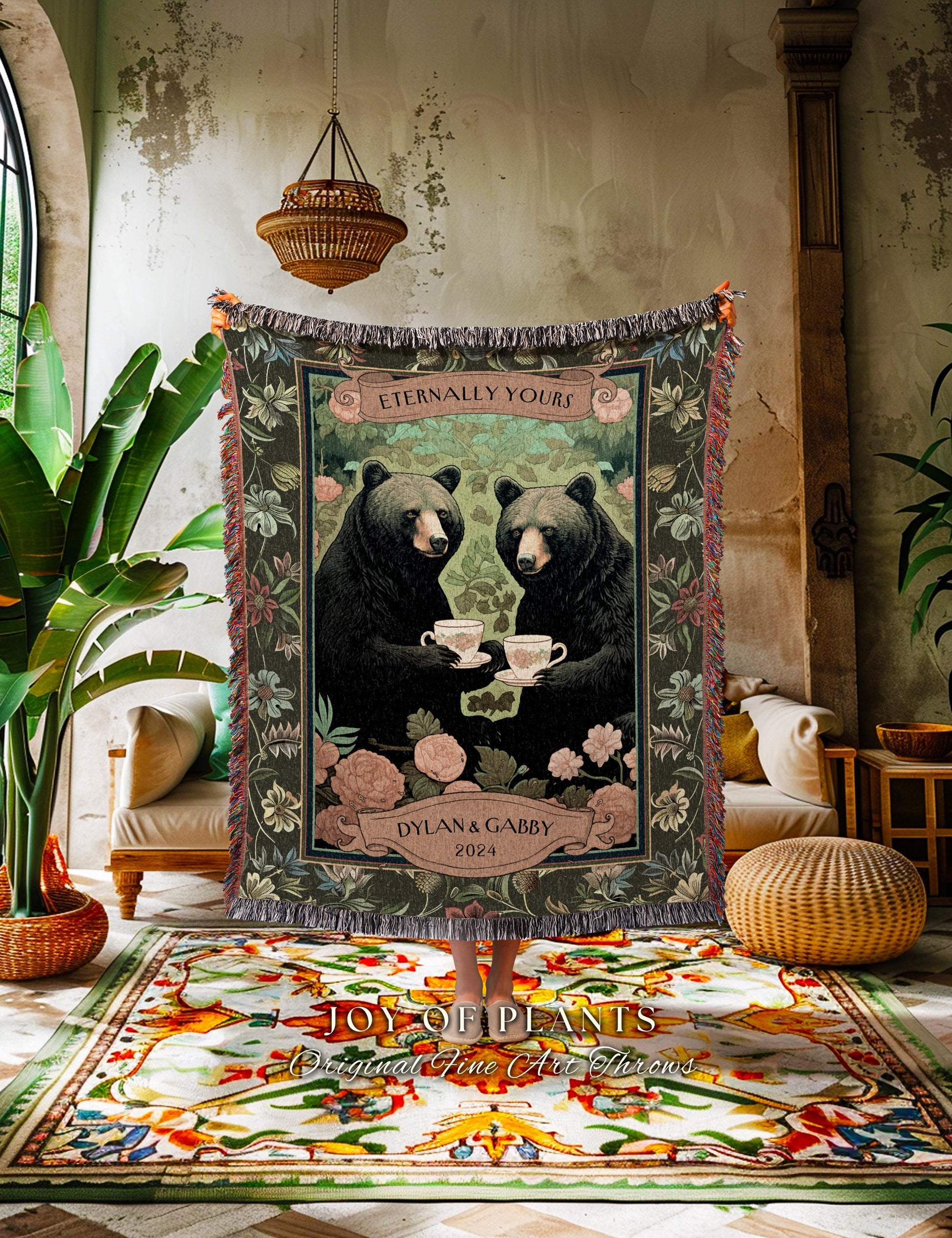 Floral Woodland Couples Custom Blanket | Cottagecore Wedding Anniversary Personalized Bear Couple Woven Throw Cute Blanket Outdoorsy Gift