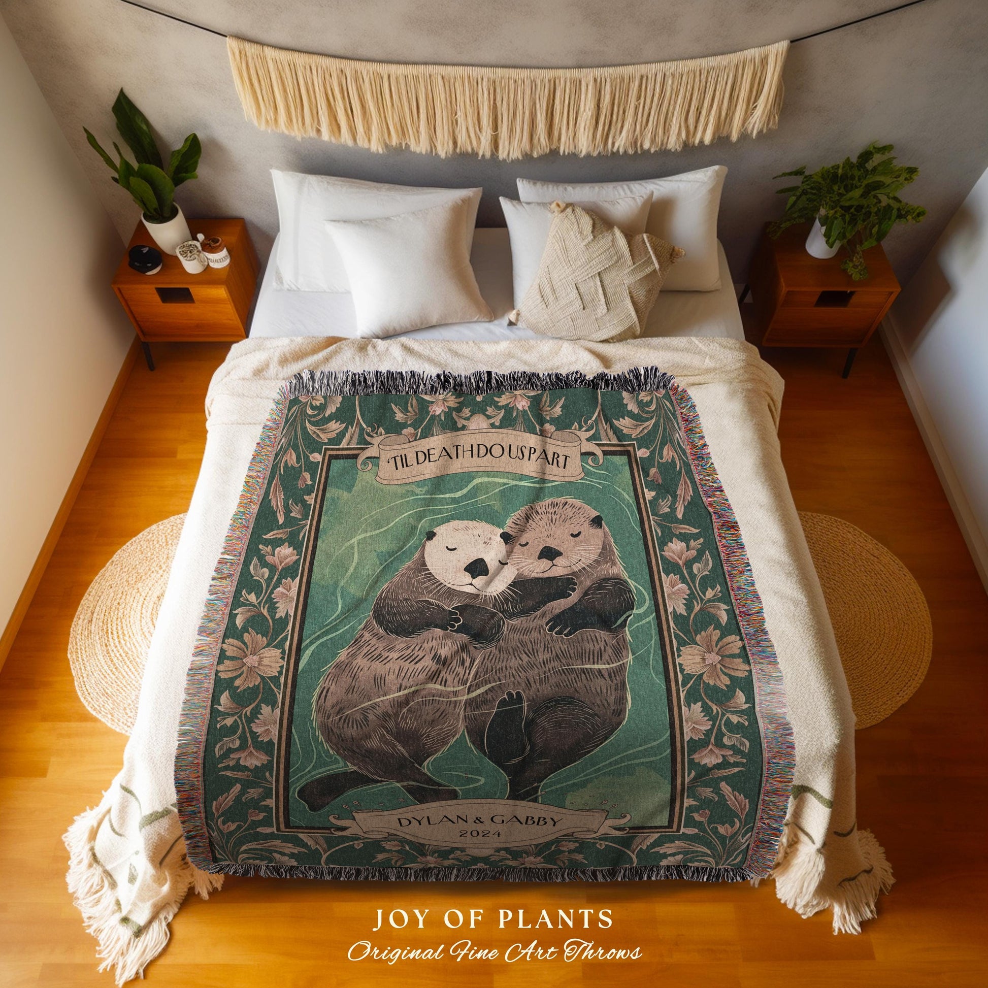Boho Woodland Otter Couple Cute Custom Gift | Scandi Aesthetic Throw Blanket Whimsical Anniversary 'Otterly in Love' Custom Saying Tapestry
