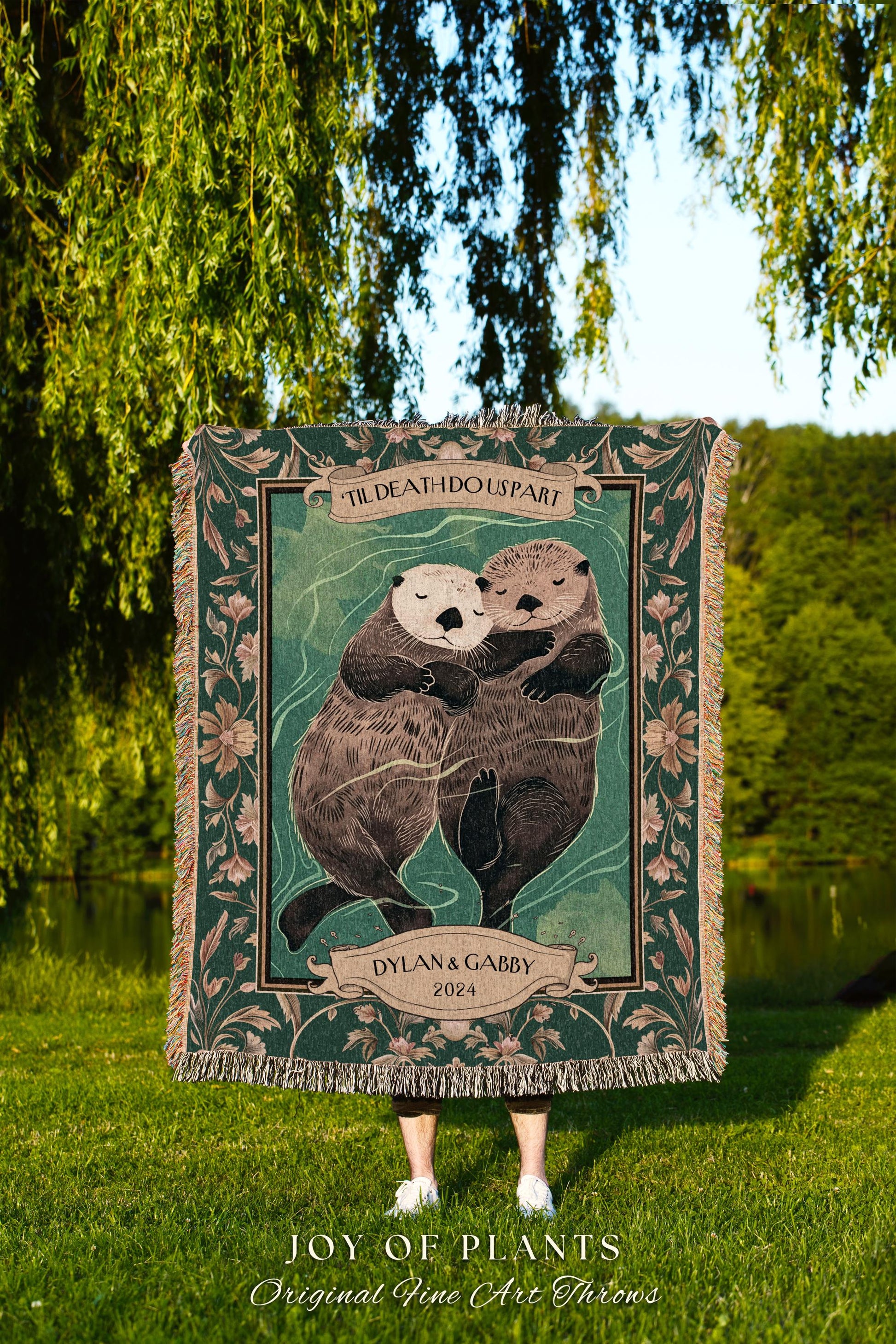 Boho Woodland Otter Couple Cute Custom Gift | Scandi Aesthetic Throw Blanket Whimsical Anniversary 'Otterly in Love' Custom Saying Tapestry