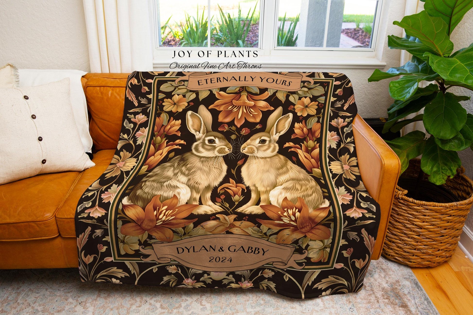 Pastel Florals Romantic Bunny Couple Tapestry | Woodland Fairycore Bunny Blanket Cute Couples Woven Blanket Cottagecore Personalized Throw