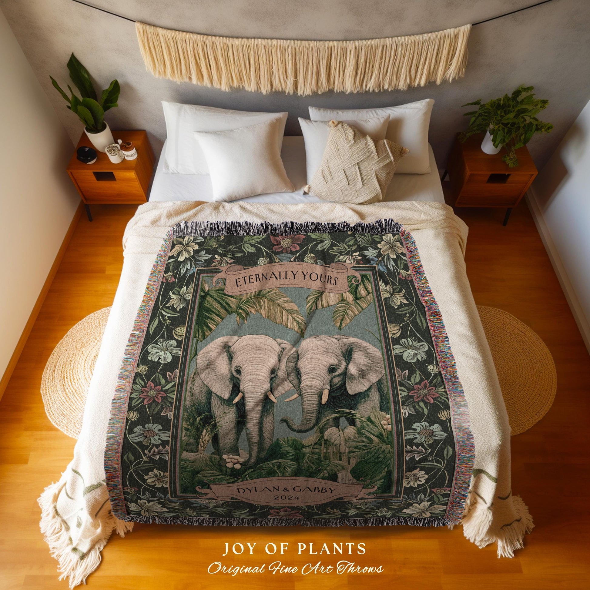 Romantic Outdoorsy Couple Tapestry Woven Cotton | Wedding Keepsake Throw Blanket Personalized His & Hers Names Custom Anniversary Botanical
