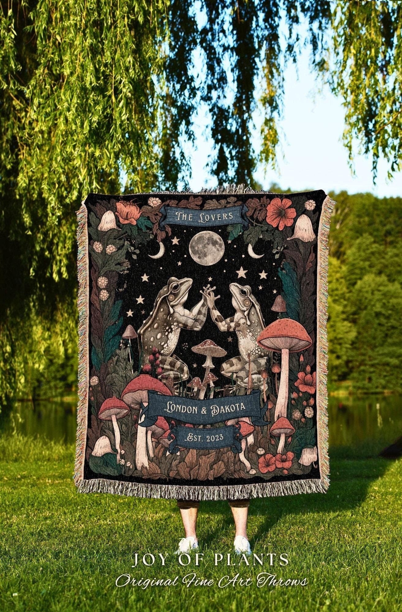 Celestial Frog Lovers Starry Night Blanket Mystic Folklore Mushroom Cottagecore Toad Couples Wedding Tapestry Woven Throw Anniversary Gift