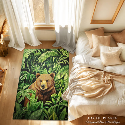 Jungle Bear Botanical Rug Tropical Forestcore Wilderness Decor | Whimsical Woodland Bohemian Retro Vintage Aesthetic Cottagecore Animal Art