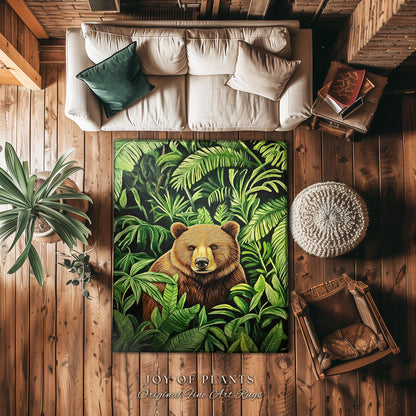 Jungle Bear Botanical Rug Tropical Forestcore Wilderness Decor | Whimsical Woodland Bohemian Retro Vintage Aesthetic Cottagecore Animal Art