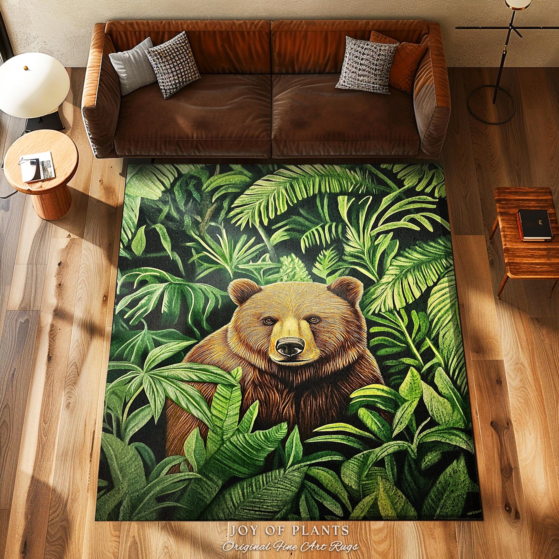 Jungle Bear Botanical Rug Tropical Forestcore Wilderness Decor | Whimsical Woodland Bohemian Retro Vintage Aesthetic Cottagecore Animal Art