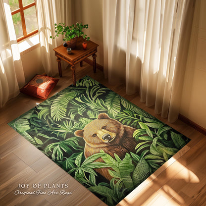 Jungle Bear Botanical Rug Tropical Forestcore Wilderness Decor | Whimsical Woodland Bohemian Retro Vintage Aesthetic Cottagecore Animal Art