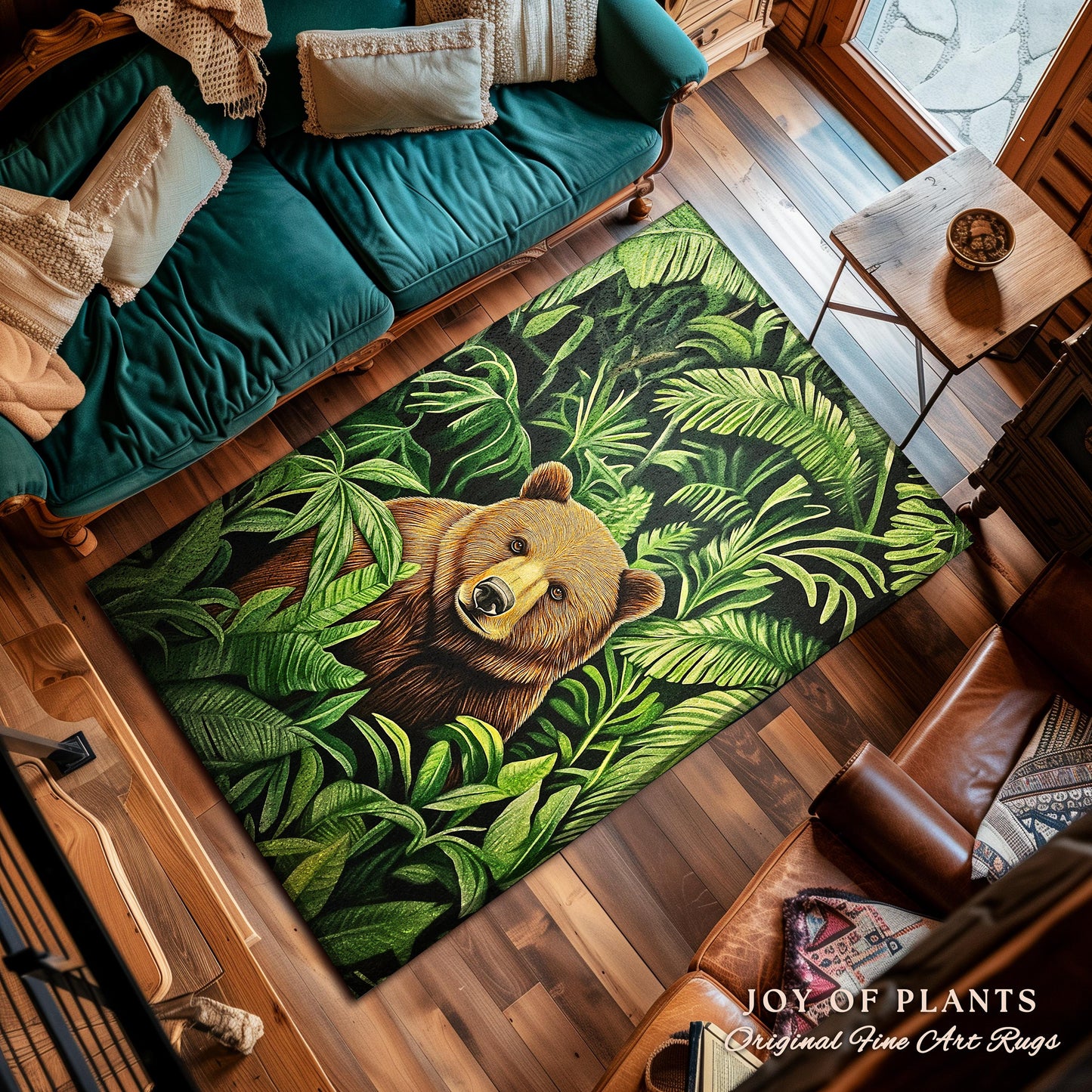 Jungle Bear Botanical Rug Tropical Forestcore Wilderness Decor | Whimsical Woodland Bohemian Retro Vintage Aesthetic Cottagecore Animal Art