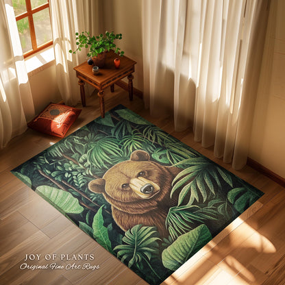 Botanical Bear Rug Tropical Forestcore Nature Themed Decor | Lush Greenery Foliage Jungle Aesthetic Maximalist Woodland Animal Art Accent