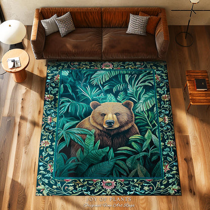 Enchanted Forest Brown Bear Botanical Jungle Art Whimsical Woodland Teal & Emerald Green Forestcore Lush Greenery Retro Eclectic Home Decor