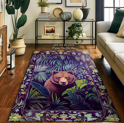 Whimsical Woodland Mystical Bear Forest Rug Enchanted Botanical Cottagecore Decor Goblincore Vintage Aesthetic Tropical Jungle Foliage Art