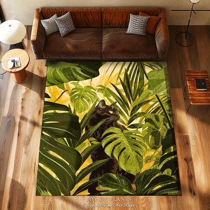 Indie Boho Cat Monstera Jungle Rug Whimsical Botanical Art Nouveau Decor | Ethereal Victorian Gothic Tropical Leaves Cottagecore Home Accent