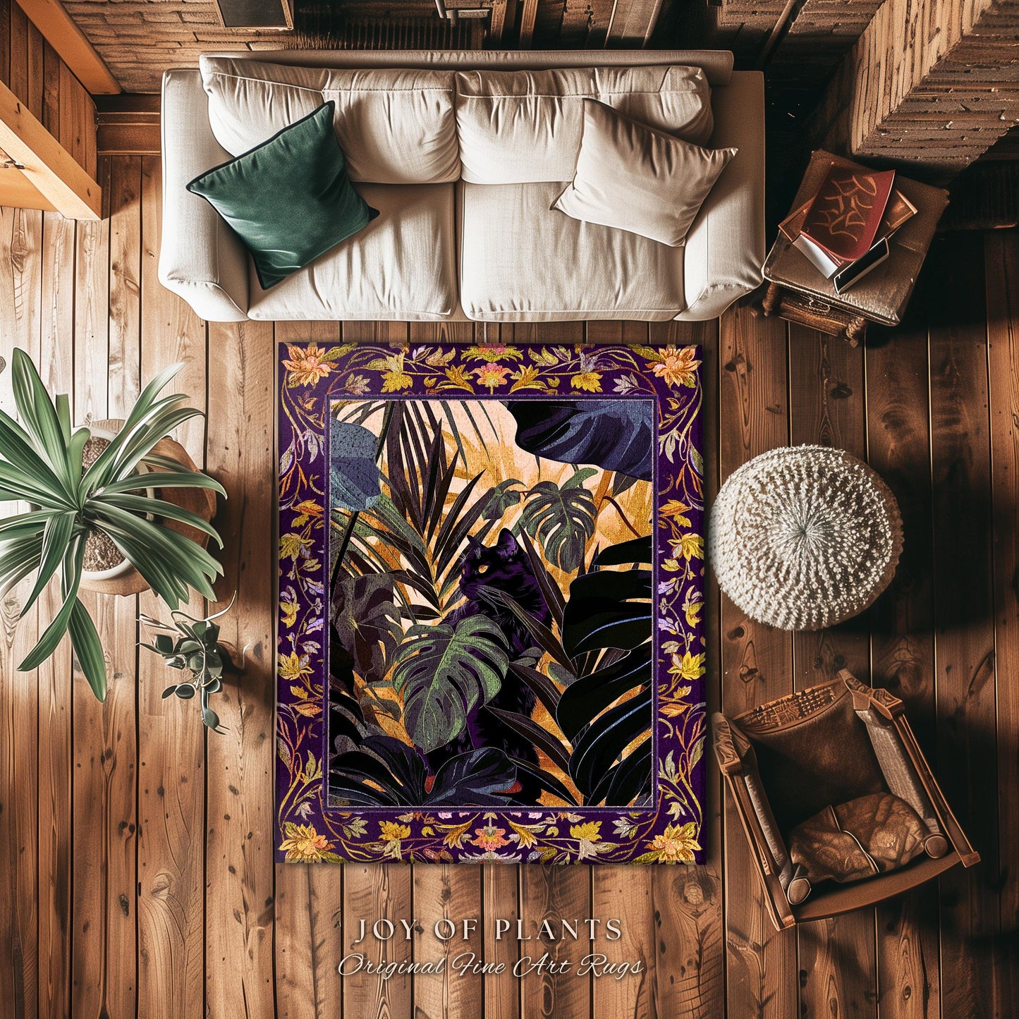 Enchanted Jungle Black Cat Rug Whimsical Monstera Moody Maximalism Whimsigoth Decor, Retro Gothic Dark Botanical Art Cottagecore Home Decor