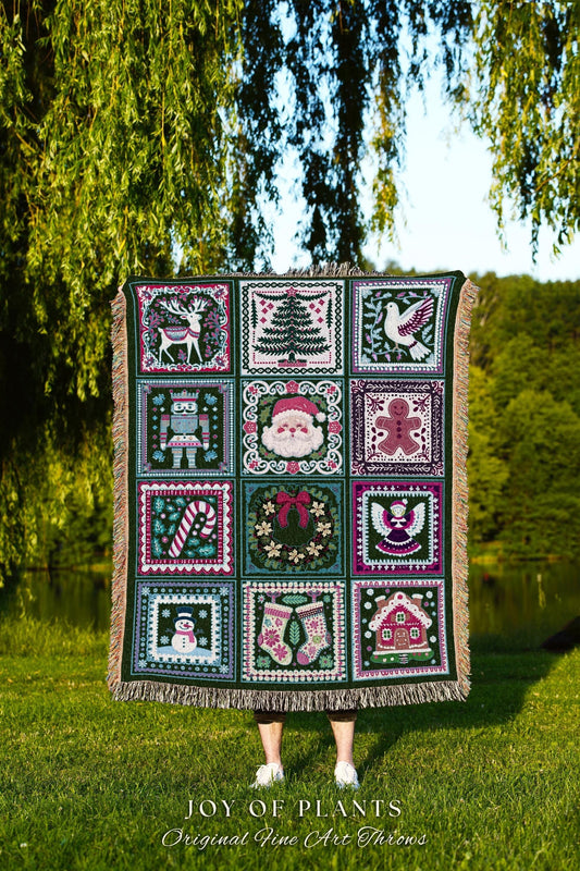 Whimsical Cottagecore Holiday Spirit Classic Christmas Patchwork Tapestry Blanket Enchanted Winter Season Cozy Cute Retro Festive Boho Throw