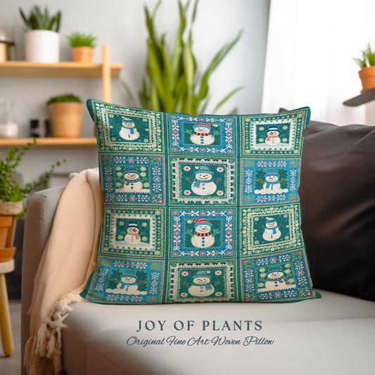 Retro Snowman Scandinavian Art Tapestry Pillow Checkered Frosty Blue Green Winter Cushion, Vintage Holiday Winter Wonderland Christmas Decor