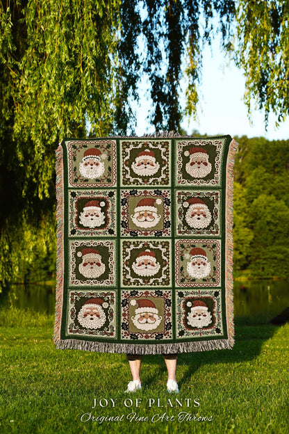 Retro Santa Claus Christmas Blanket Nostalgic Green Patchwork Tapestry Throw | Vintage Holiday Decor Whimsical Cottagecore Cozy Festive Gift