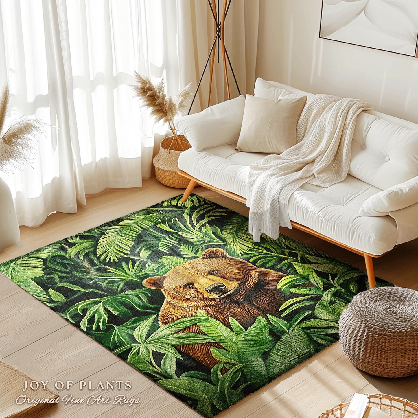 Jungle Bear Botanical Rug Tropical Forestcore Wilderness Decor | Whimsical Woodland Bohemian Retro Vintage Aesthetic Cottagecore Animal Art