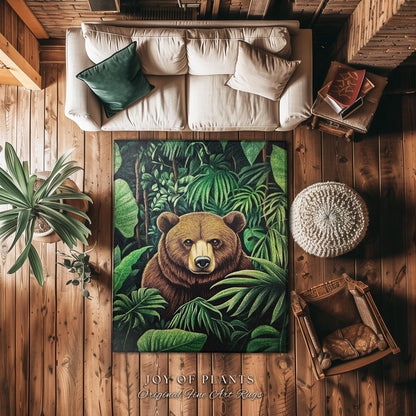 Botanical Bear Rug Tropical Forestcore Nature Themed Decor | Lush Greenery Foliage Jungle Aesthetic Maximalist Woodland Animal Art Accent