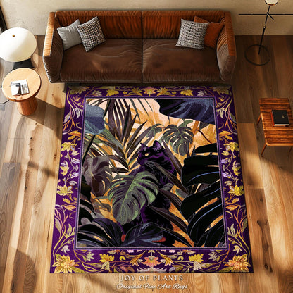 Enchanted Jungle Black Cat Rug Whimsical Monstera Moody Maximalism Whimsigoth Decor, Retro Gothic Dark Botanical Art Cottagecore Home Decor