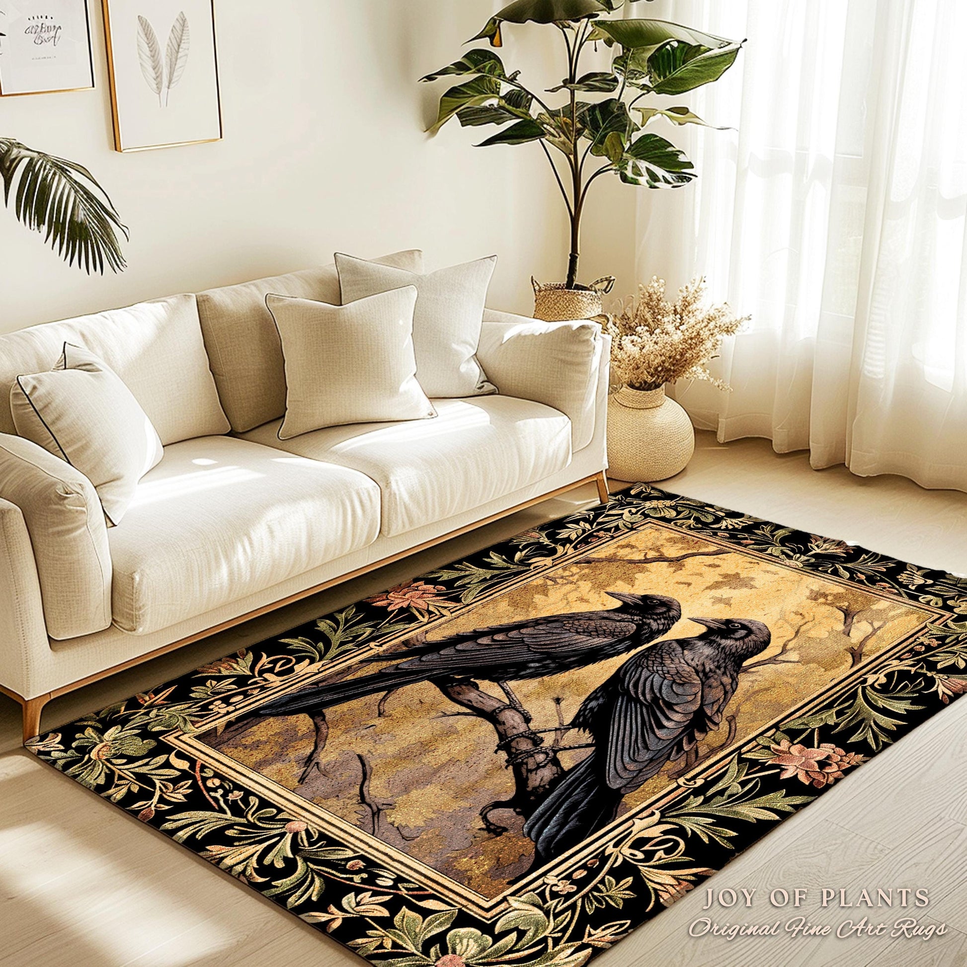 Golden Gothic Raven Rug Whimsical Cottagecore Botanical Decor | Witchy Cottage Aesthetic Vintage Crowcore Rustic Farmhouse Style