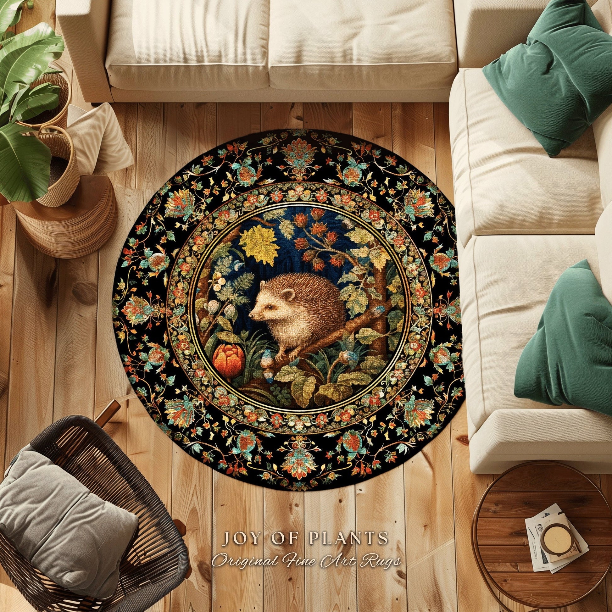 Nature Area Rug Hedge Hog | Woodland Aesthetic Bedroom Decor William Morris Inspired Cottagecore Room Light Academia Mystical Throw Rug |