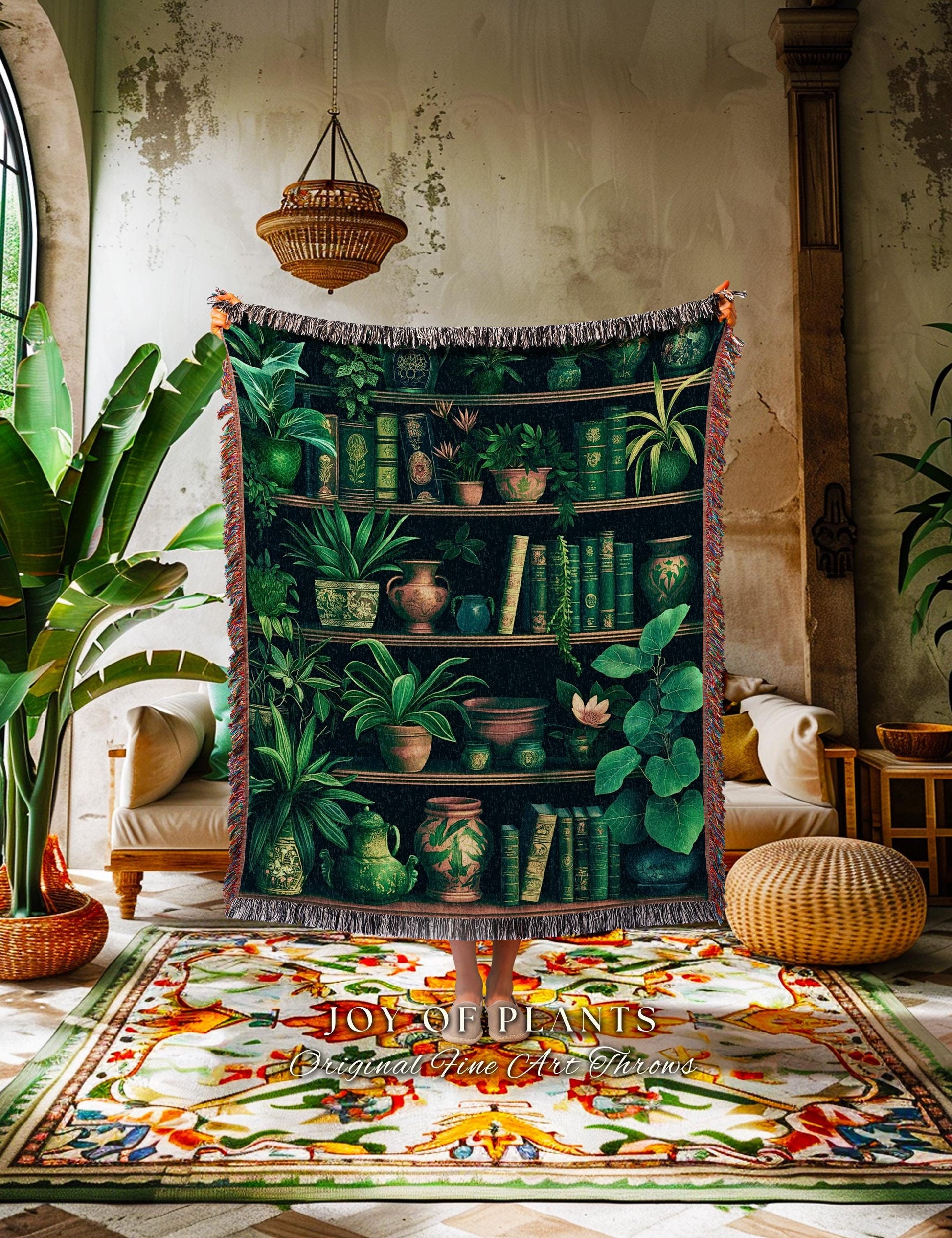 Lush Botanical Bookshelf Blanket Dark Academia Book Nook Decor, Literary Library Style Cozy Vintage Cottagecore Plant Lovers Tapestry Throw