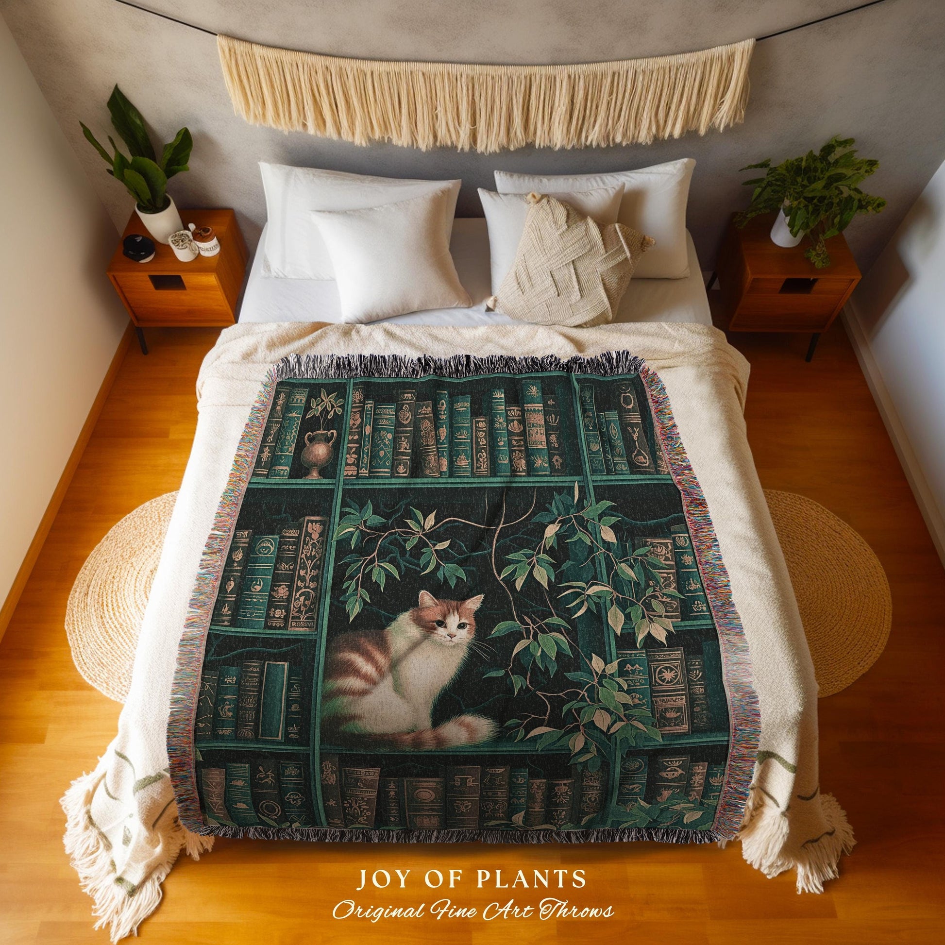 Forest Green Botanical Library Cat Lovers Blanket Cozy Cottagecore Bookshelf Tapestry Throw, Vintage Reading Nook Academia Plant Lover Decor