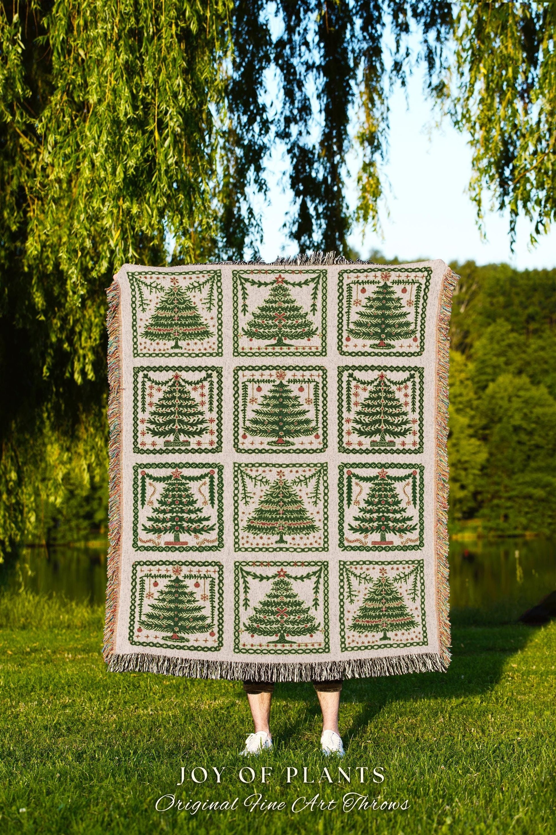 Rustic Pine Tree Holiday Blanket Traditional Forest Green Christmas Decor | Cozy Winter Folk Art Tapestry Throw Classic Seasonal Home Decor