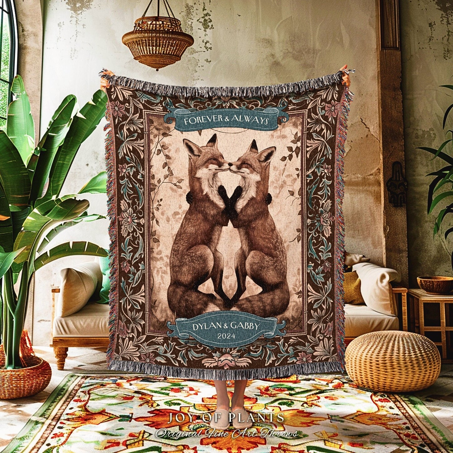 Whimsical Fox Lovers Personalized Throw | Cozy Cottagecore Aesthetic Custom Name Blanket Boho Woodland Wedding Anniversary Gift for Partner