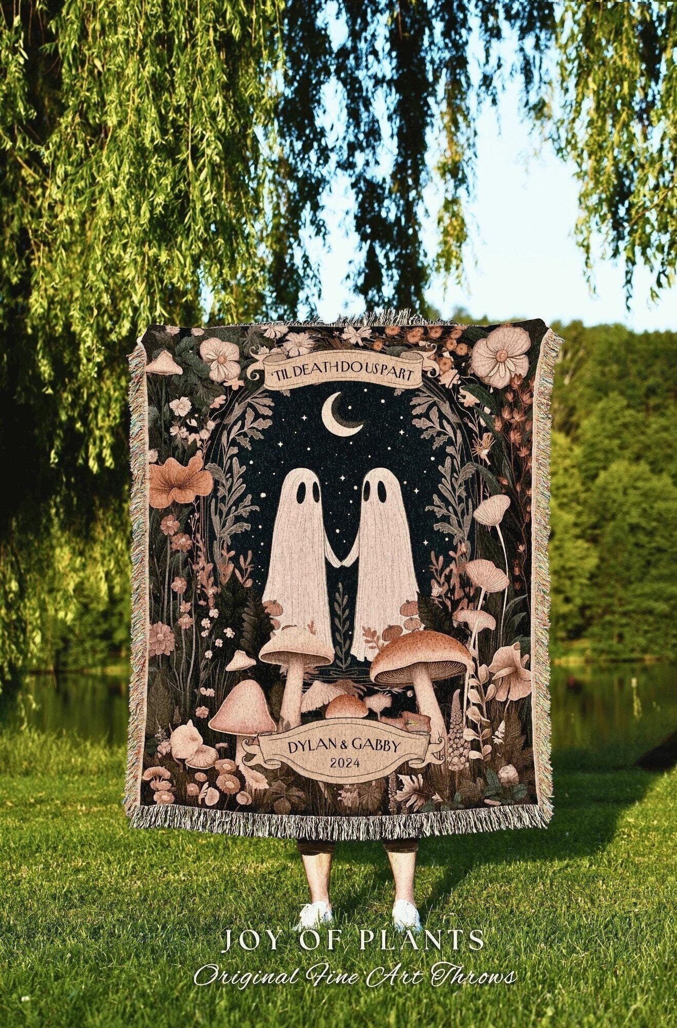 Folklore Spirits Woven Couples Tapestry | Celestial Anniversary Gift Personalized His & Hers Custom Ghost Couple Gothic Anniversary Blanket