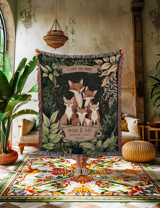 I Love You More Custom Fox Family Blanket Woodland Tapestry Throw, Personalized with Names Nature Lover Sentimental Gift for Parents & Kids