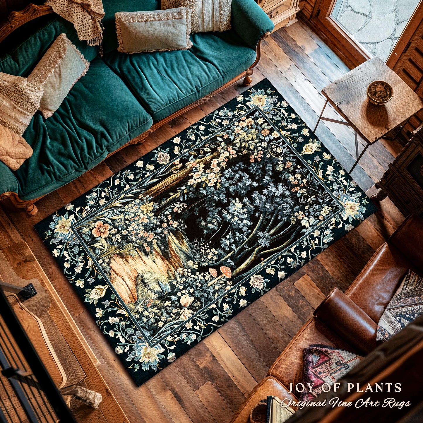 Dreamy Forest Landscape Botanical Area Rug | Misty Forest Dark Cottagecore Aesthetic Fairycore Book Nook Room Decor Magical Jungle Aesthetic