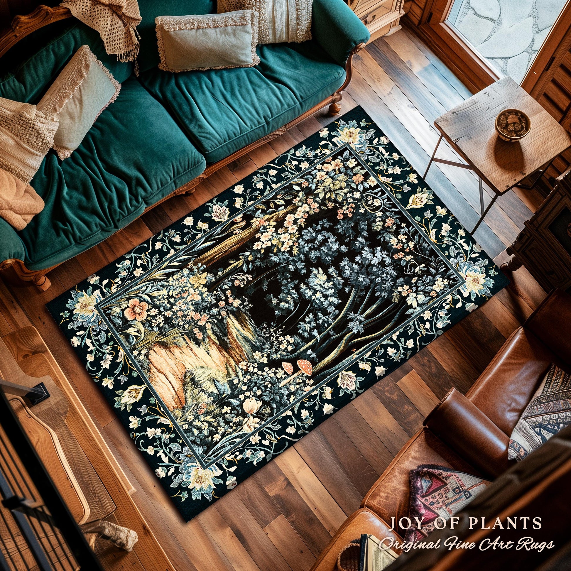 Dreamy Forest Landscape Botanical Area Rug | Misty Forest Dark Cottagecore Aesthetic Fairycore Book Nook Room Decor Magical Jungle Aesthetic