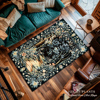 Dreamy Forest Landscape Botanical Area Rug | Misty Forest Dark Cottagecore Aesthetic Fairycore Book Nook Room Decor Magical Jungle Aesthetic