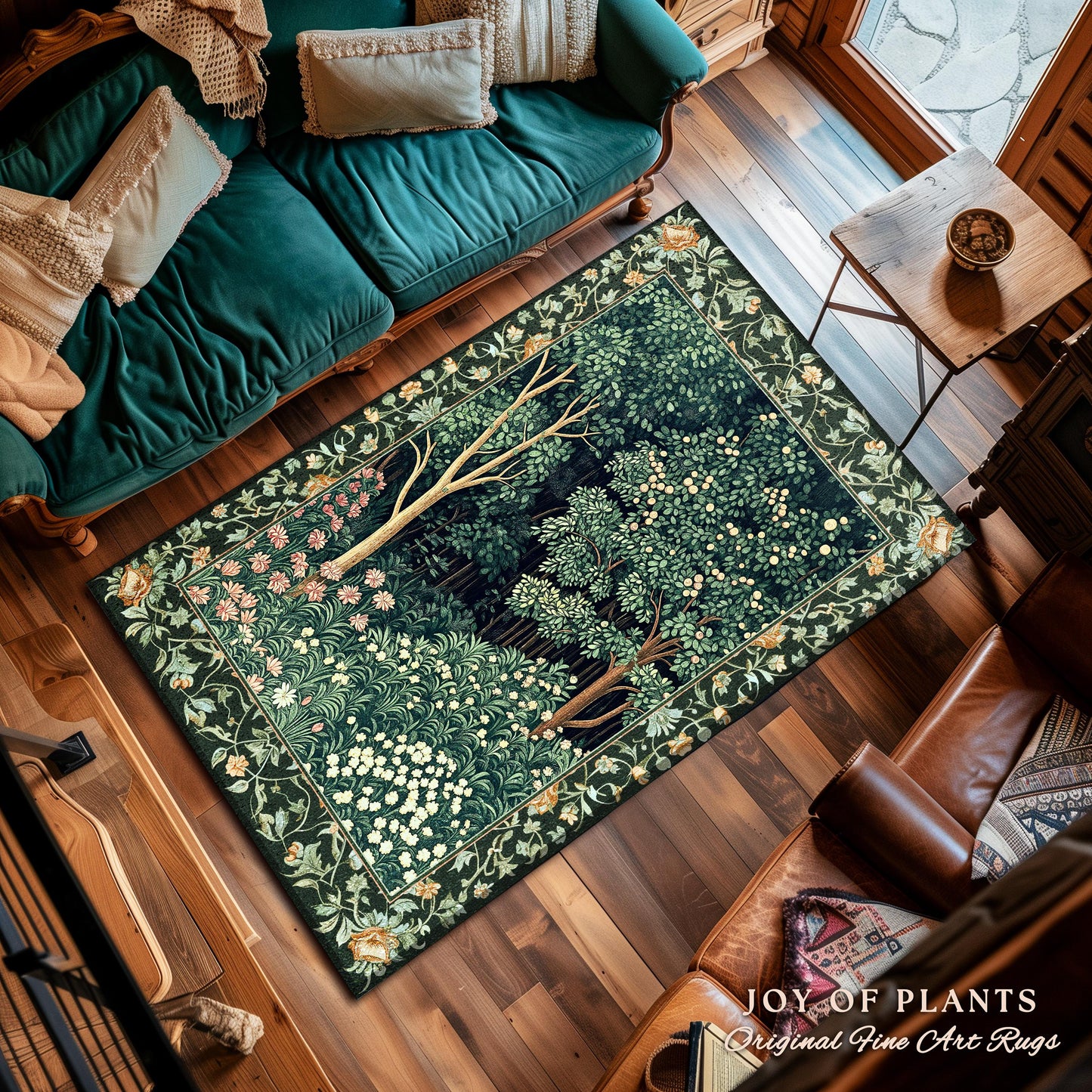 Medieval Forest Botanical Floor Rug | Woodland Botanical Emerald Green Vintage Aesthetic Mystic Book Nook Room Decor Magical Bedroom Theme |