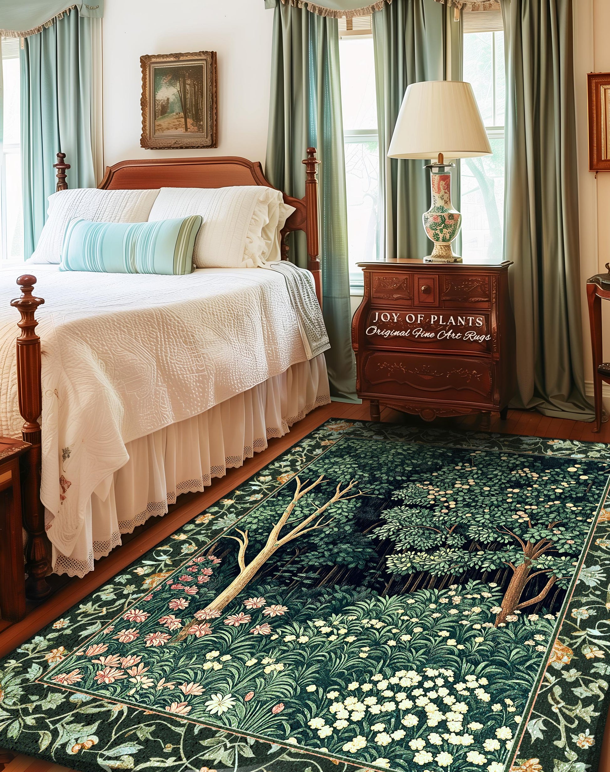 Medieval Forest Botanical Floor Rug | Woodland Botanical Emerald Green Vintage Aesthetic Mystic Book Nook Room Decor Magical Bedroom Theme |